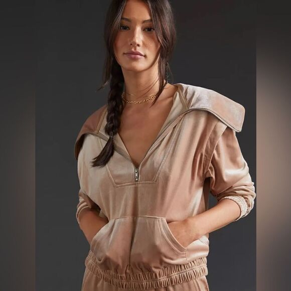 Current Air Tops - NWT Current Air Oversized Collar Velour Pullover Shirt 1/4 Zip Taupe Tan Small